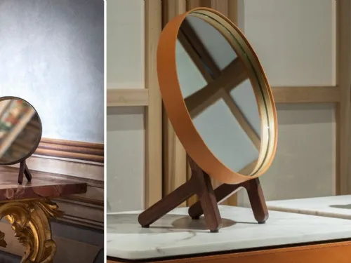Specchio da tavolo con cornice in metallo con base in legno Ren di Poltrona Frau