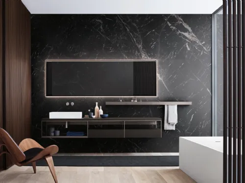 Mobile da Bagno con top in rovere nero, elemento a giorno con struttura in alluminio laccato quarzo e ripiano in vetro fumè Fjord Fjord 24 01 di Milldue