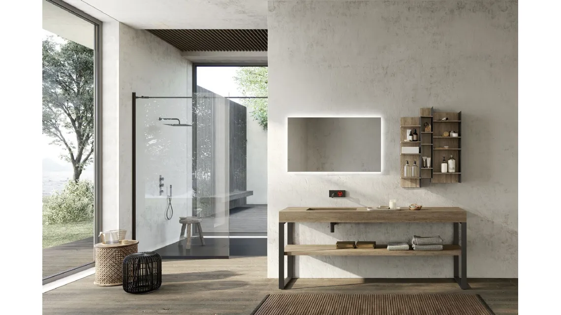 Mobile da Bagno a terra in HPL effetto rovere e struttura in metallo Lime 0 Comp 011 di Azzurra