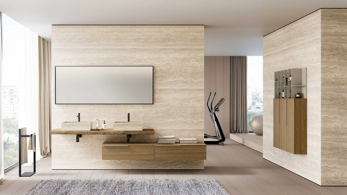 Mobile da Bagno Lime 1-0 Tratto 134 in Rovere Sabbia con lavabo in Gres Travertino di Azzurra