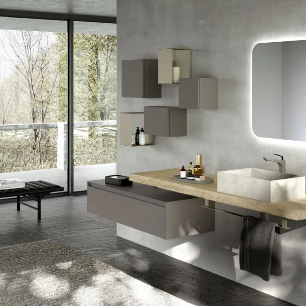 Mobile da Bagno sospeso in laccato opaco con top in Rovere corteccia e lavabo in gres Lime 2 0 Comp 002 di Azzurra