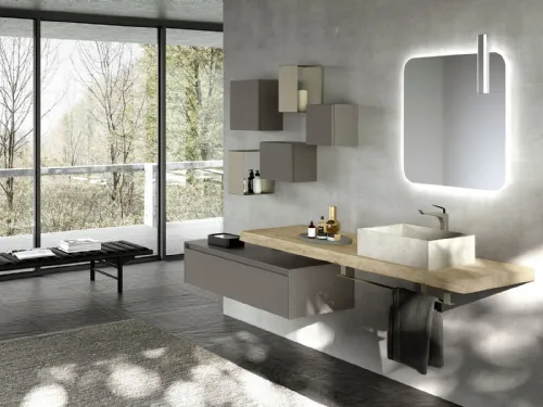 Mobile da Bagno sospeso in laccato opaco con top in Rovere corteccia e lavabo in gres Lime 2 0 Comp 002 di Azzurra