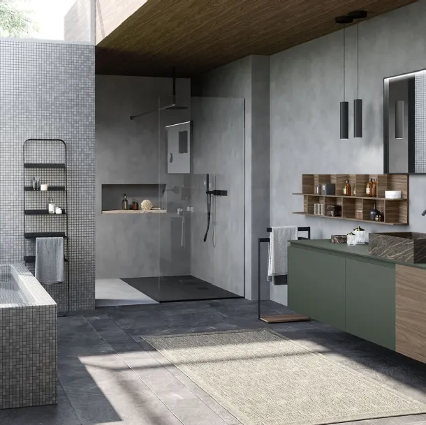 Mobile da Bagno sospeso in laccato opaco e melaminico con lavabo in gres Lime 2|0 Comp 007 di Azzurra