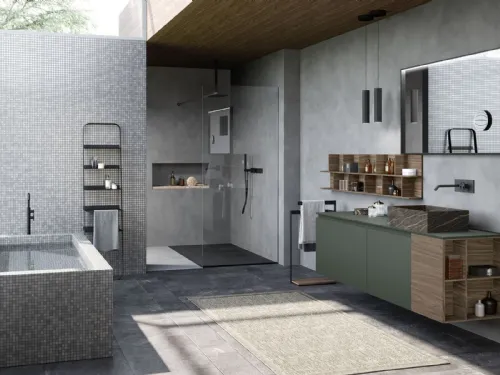 Mobile da Bagno sospeso in laccato opaco e melaminico con lavabo in gres Lime 2|0 Comp 007 di Azzurra