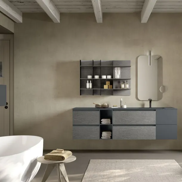 Mobile da Bagno sospeso in melaminico effetto pietra e laccato opaco grigio Lime 2 0 Comp 012 di Azzurra