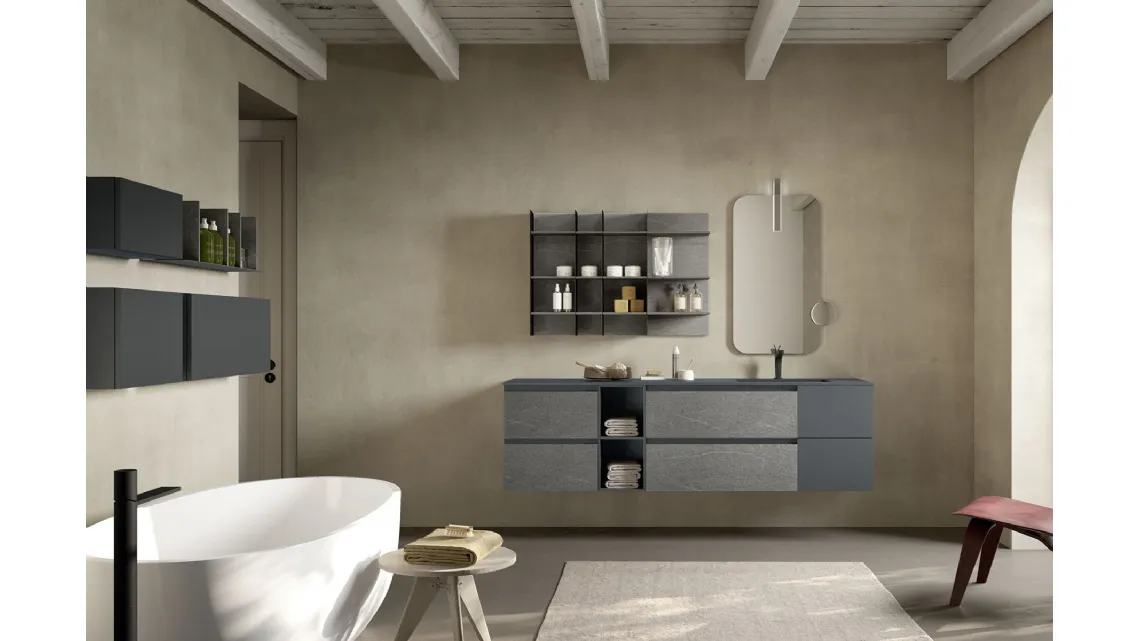 Mobile da Bagno sospeso in melaminico effetto pietra e laccato opaco grigio Lime 2 0 Comp 012 di Azzurra