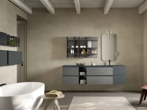 Mobile da Bagno sospeso in melaminico effetto pietra e laccato opaco grigio Lime 2|0 Comp 012 di Azzurra