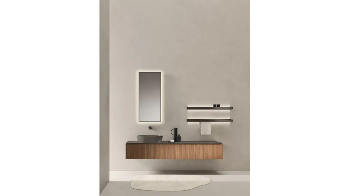 Mobile da Bagno sospeso in Noce Canaletto con top e lavabo da appoggio in pietra Medea Puro 24 02 di Milldue