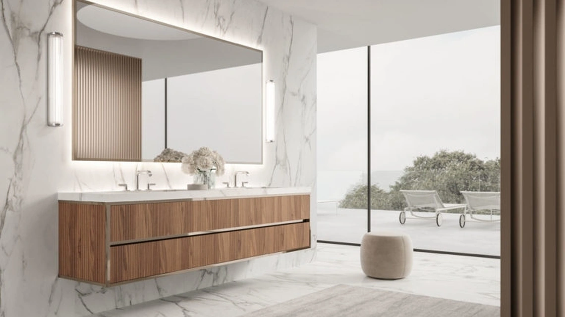 Mobile da Bagno sospeso Vitage Algonquin 04 in noce canaletto e gres di Milldue