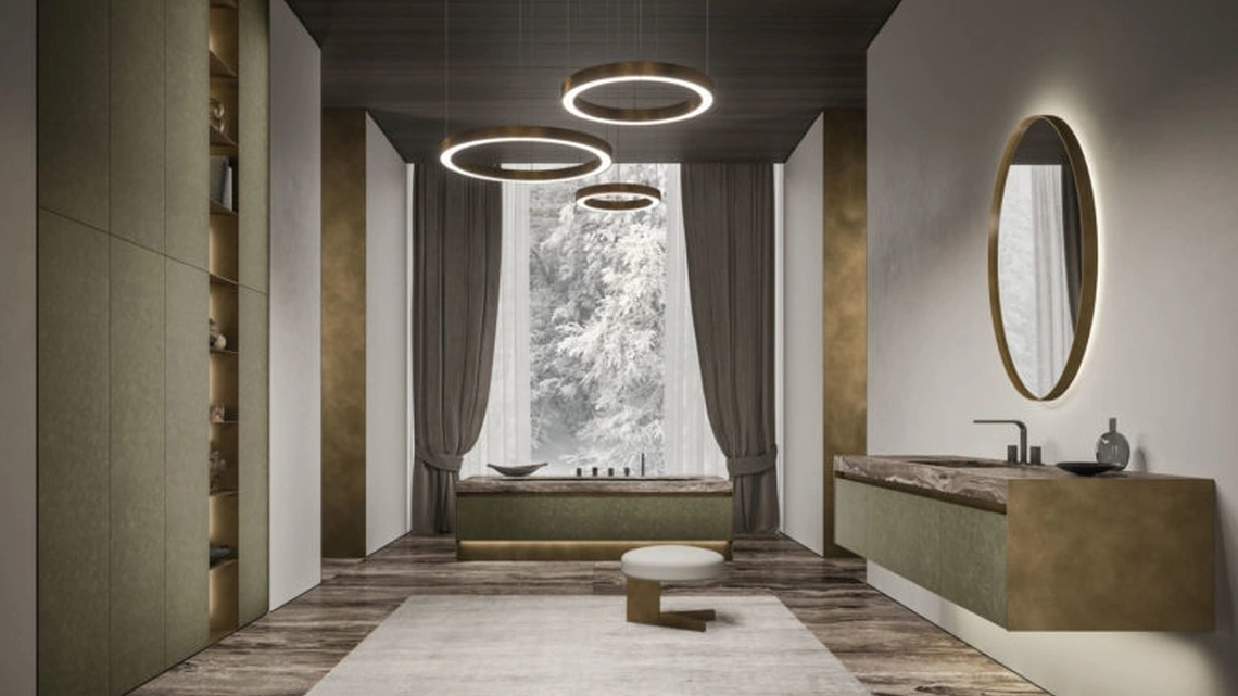 Mobile da Bagno sospeso in pelle nabuk e marmo Vitage Four Seasons 15 di Milldue