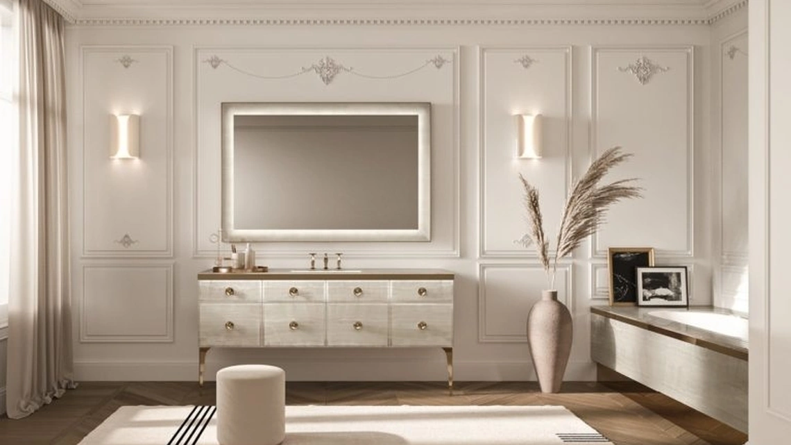 Mobile da Bagno Vitage Majestic 10 in vetro extrachiaro alabastro gold di Milldue