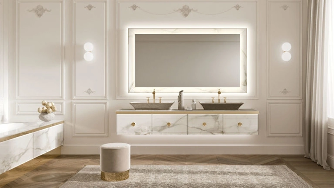 Mobile da Bagno sospeso Vitage Majestic 11 in vetro extrachiaro calacatta di Milldue