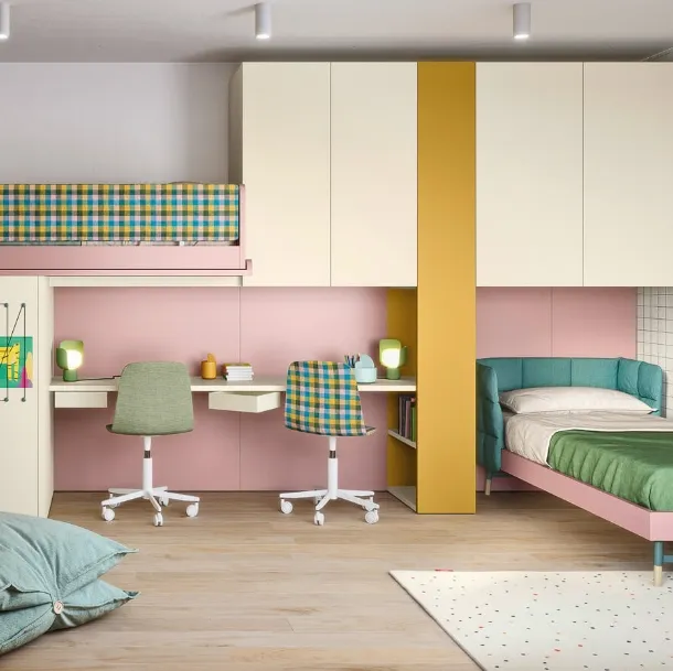 Cameretta a soppalco con scrivania Kids space 16 in melaminico di Nidi