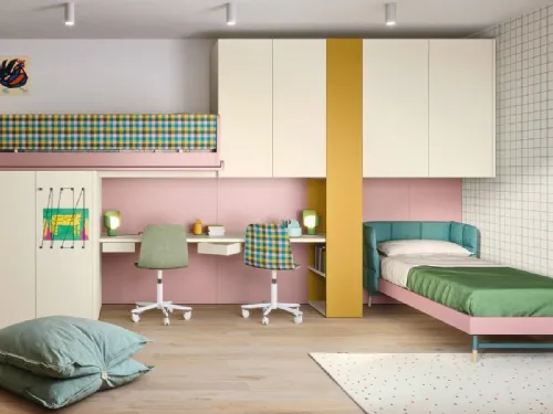 Cameretta a soppalco con scrivania Kids space 16 in melaminico di Nidi