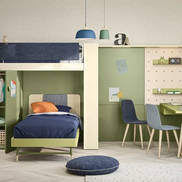 Cameretta a soppalco con scrivania Kids space 11 in melaminico di Nidi