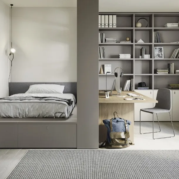 Cameretta componibile con letto su cassettone, scrivania e ampia libreria Next space 02 di Nidi