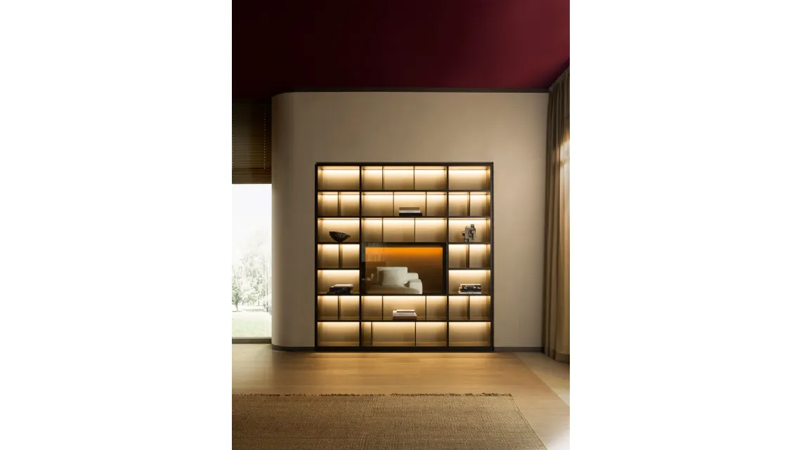 Libreria a muro componibile in laccato opaco con schienali in specchio bronzato 505 UP SYSTEM 10 di Molteni & C