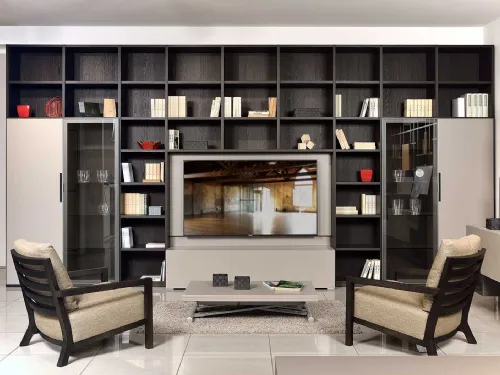 Libreria a muro componibile in legno, laccato opaco e vetro composizione 01 di Fratelli Elli
