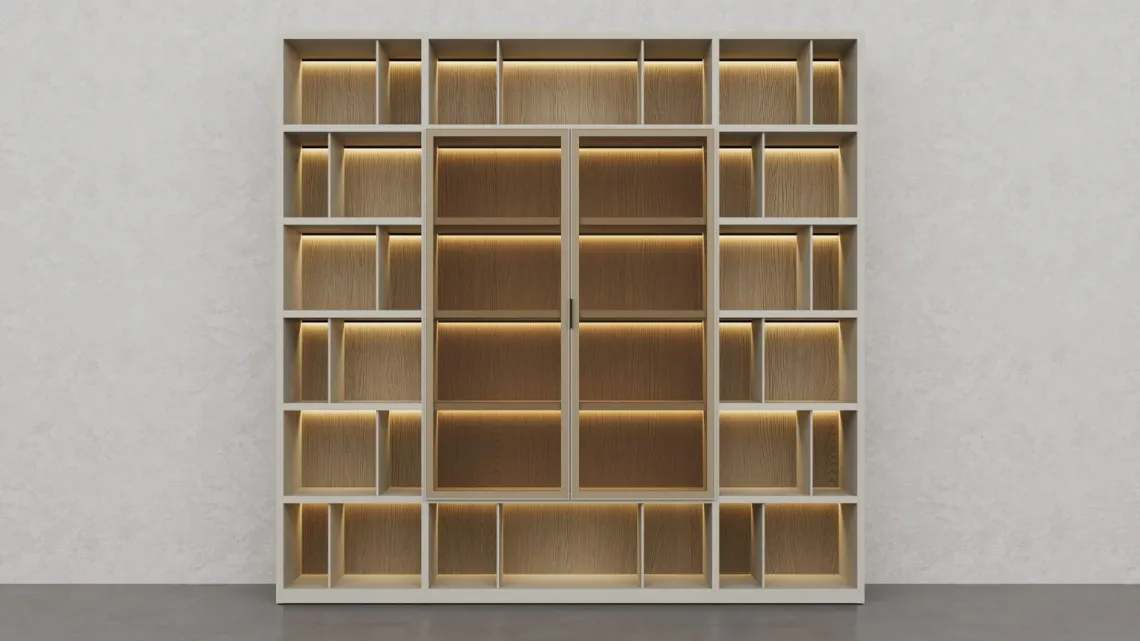 Libreria in laccato Creta e essenza legno Barrique di Fratelli Elli