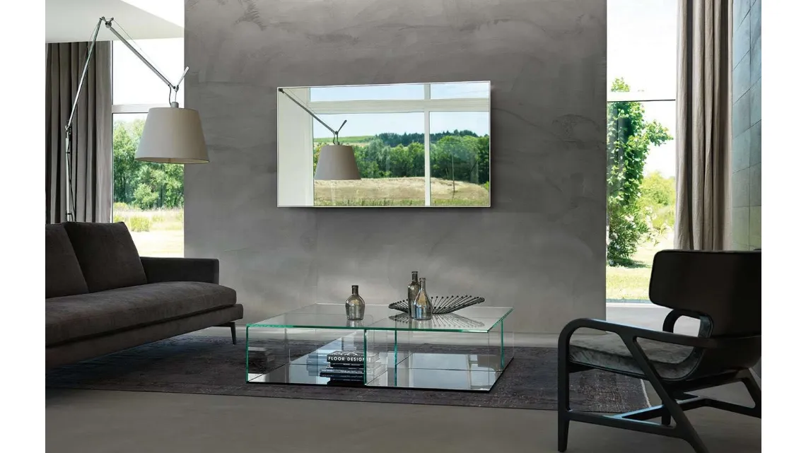 Mobile Specchio Porta Tv Mirage in vetro con retrocornice in alluminio di Fiam