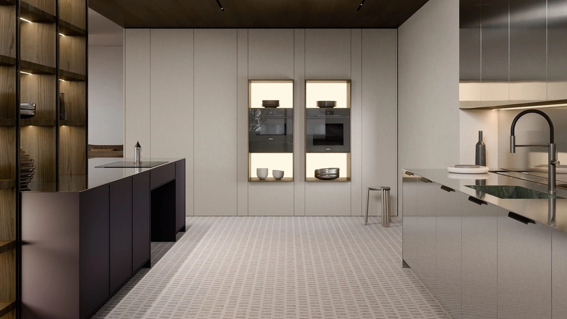 Cucina Design con penisola C07 in laccato, legno e acciaio di Copat Life