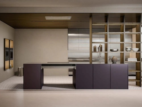 Cucina Design con penisola C07 in laccato, legno e acciaio di Copat Life