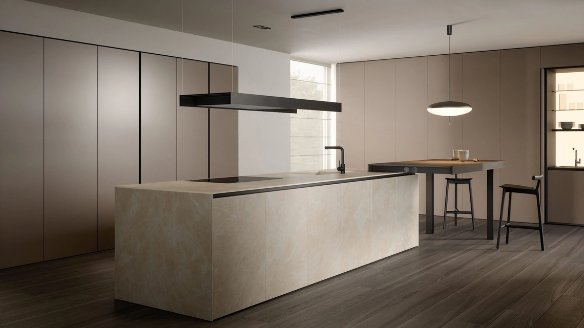 Cucina Design con isola C08 in laccato e gres di Copat Life