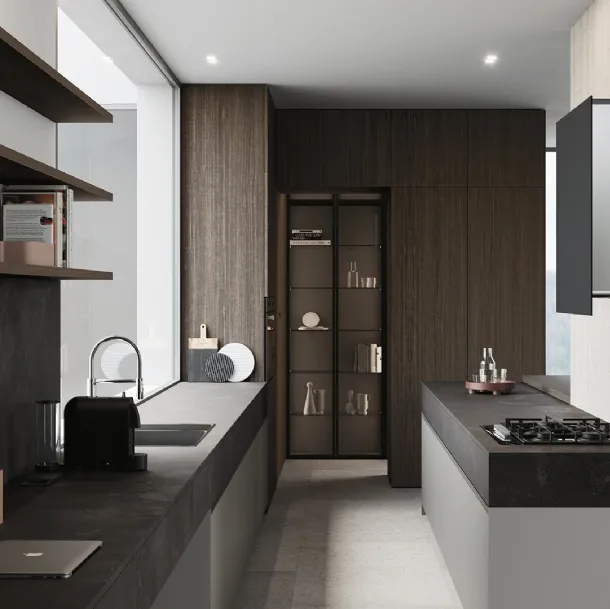 Cucina Design con penisola in melaminico con top in laminato HPL finitura stone black Sistemi 2|1|E#20 di Copat Life