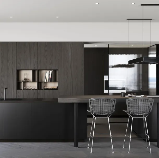 Cucina Design con isola in laccato satinato e rovere moro Sistemi 3|1|A22 di Copat Life