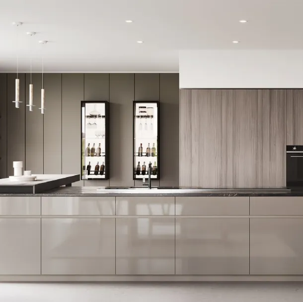 Cucina Design con isola in laccato lucido e top in marmo Sistemi 3|1|D22 di Copat Life