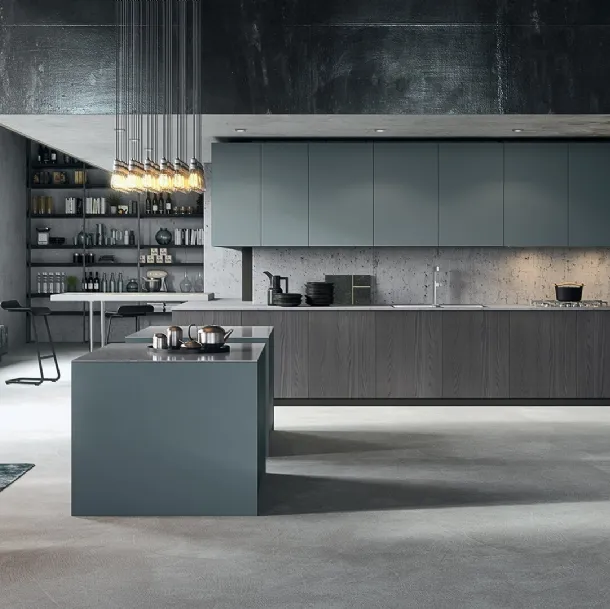 Cucina Design con penisola finitura Olmo e laccato opaco con top in acciaio Sistemi 3|1|O di Copat Life