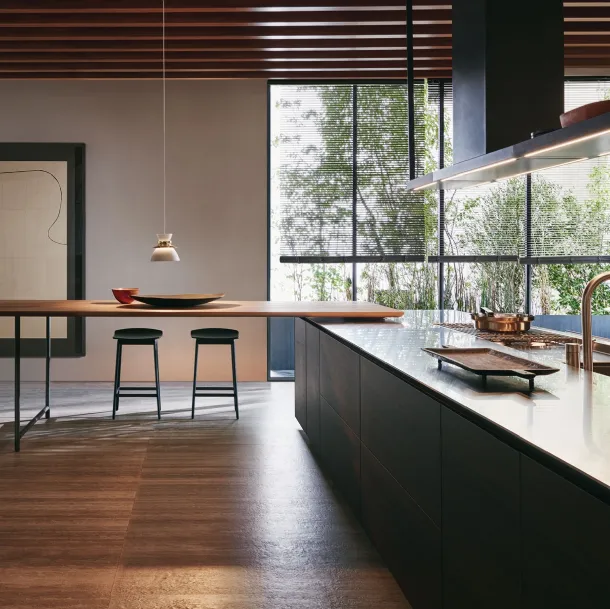Cucina Design con penisola HiLine Frame Door in Eucalipto con top in acciaio inox di Dada