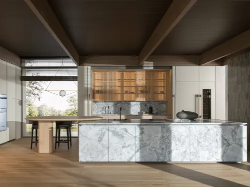 Cucina Design con penisola Intersection in Marmo Superwhite e Rovere Sunrise di Dada