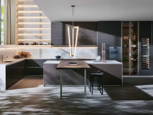 Cucina Design ad angolo con isola Prime in Noce Scuro e laccato con top in marmo di Dada