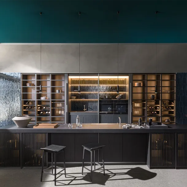 Cucina Design lineare Ratio in Rovere Nero e top in Pietra di Dada