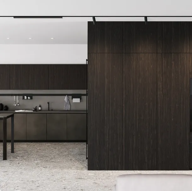 Cucina Design con penisola in rovere moro e laccato effetto metallico Sistemi 3|1|B22 di Copat Life