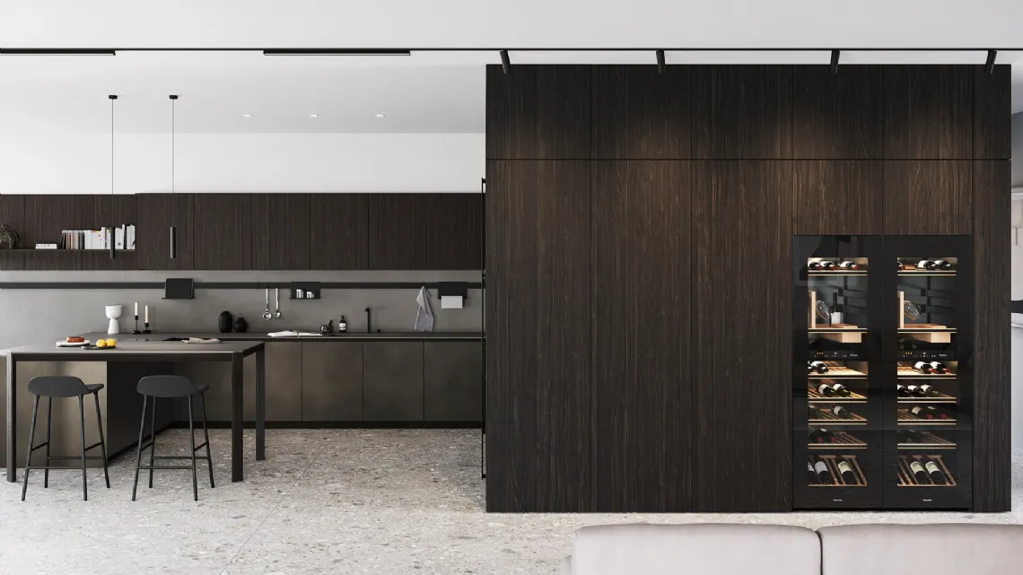 Cucina Design con penisola in rovere moro e laccato effetto metallico Sistemi 3|1|B22 di Copat Life