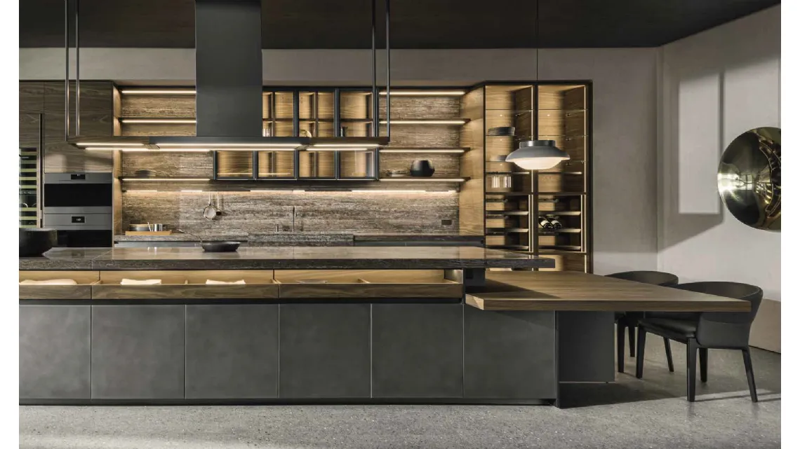 Cucina Design con isola VVD in Acciaio Nebula e Rovere thermo con top in marmo travertino di Dada