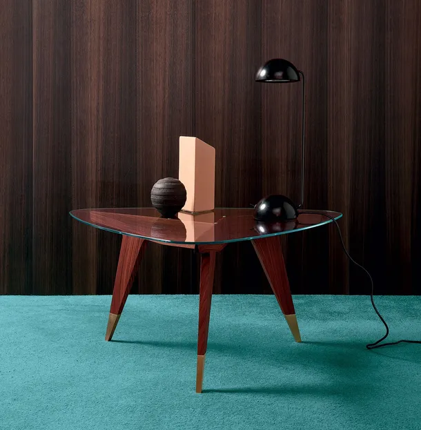Tavolino D-552-2 in vetro e palissandro con piedini in ottone di Molteni & C