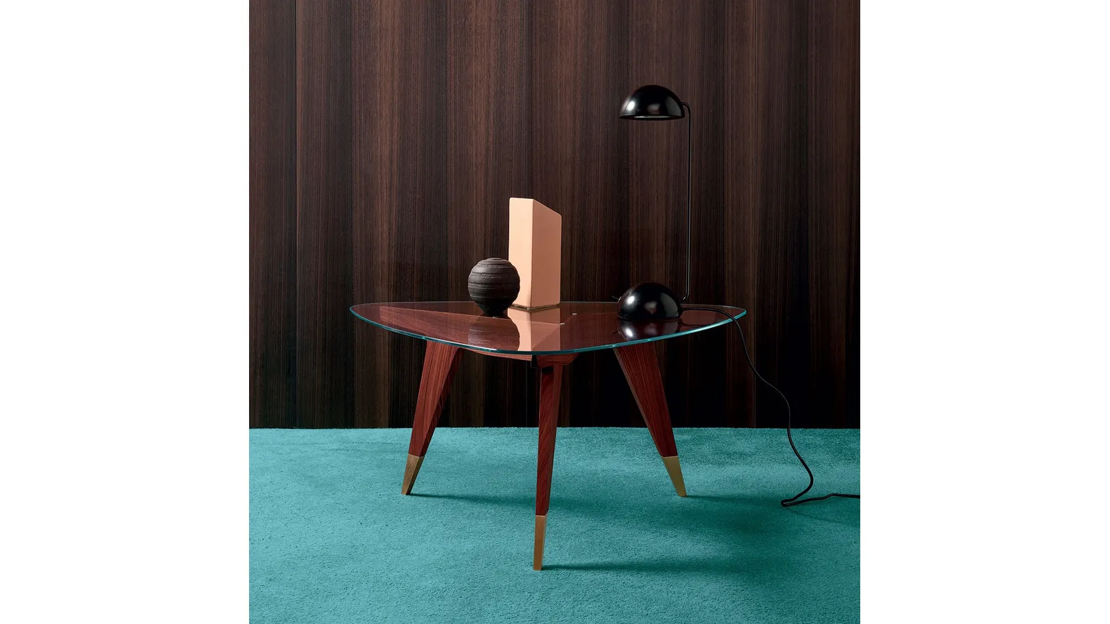 Tavolino D-552-2 in vetro e palissandro con piedini in ottone di Molteni & C