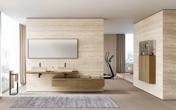 Mobile da Bagno Lime 1-0 Tratto 134 in Rovere Sabbia con lavabo in Gres Travertino di Azzurra