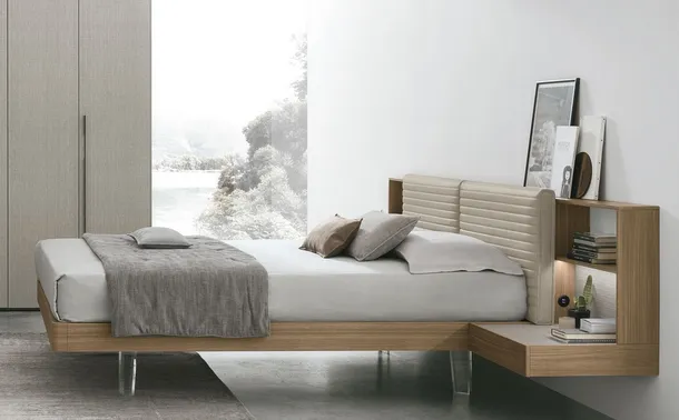 Letto Yuki in materico noce con testiera in ecopelle Tomasella
