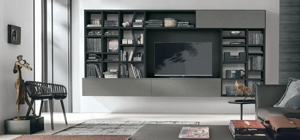 Libreria Atlante UNIT AT204 in materico rovere carbone e materico piasentina scura e metallo laccato bromodi Tomasella
