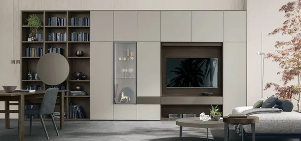 Libreria Atlante UNIT AT210 in materico rovere moka, laccato metallizzato bronzo e materico opaco arena di Tomasella