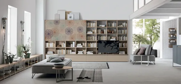 Libreria Atlante UNIT AT218 in materico rovere sabbia con grafica artistica di Tomasella