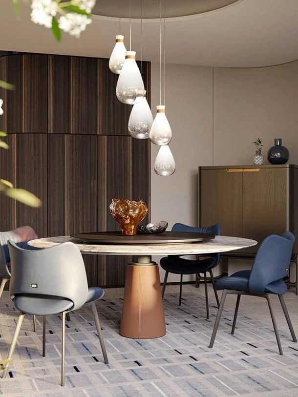 Tavolo Mesa Due in marmo con Lazy Susan in legno e base rivestita in cuoio di Poltrona Frau