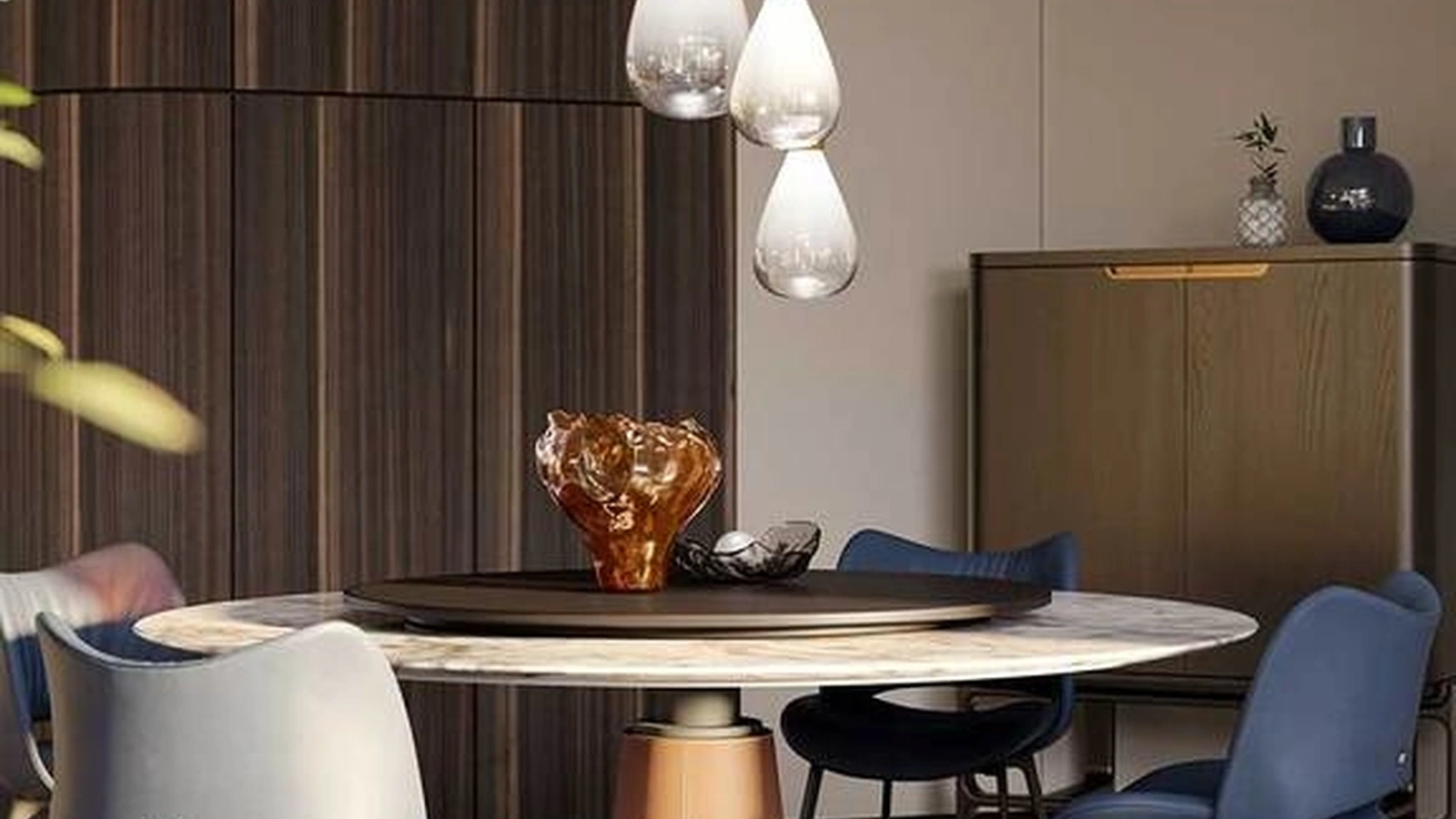 Tavolo Mesa Due in marmo con Lazy Susan in legno e base rivestita in cuoio di Poltrona Frau