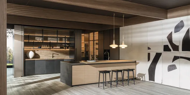 Cucina Design con penisola Hi-Line 6 Rovere Sunrise con top in marmo travertino di Molteni & C