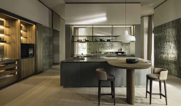 Cucina Design con isola Intersection in acciaio Nebula e legno di Molteni & C