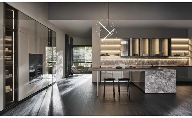 Cucina Design con penisola Prime in laccato lucido Argilla e Pietra di Molteni & C